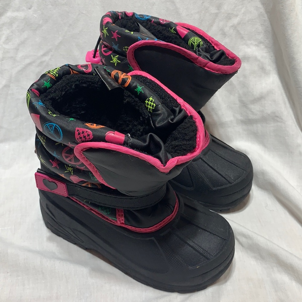 Kids Black & Pink Insulated Snow Boots with Colorful Print